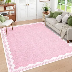 Modern Pink 8x10 Scalloped Washable Area Rugs for Living Room, Solid Rug for Bedroom Girls, Non Slip Throw Carpet With Rubber Back, Soft Dorm Nursery Rugs for Dining Room