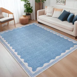 Modern Blue 4x6 Scalloped Washable Area Rug Low Pile Non-Slip Rubber Backing 100% Polyester Modern Soft Durable Living Room Bedroom