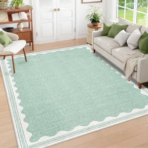 Modern Green 8x10 Scalloped Washable Area Rugs for Living Room, Solid Rug for Bedroom Girls, Non Slip Throw Carpet With Rubber Back, Soft Dorm Nursery ScallopedRugs for Dining Room