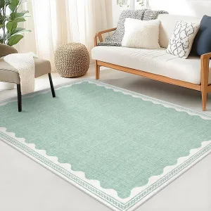Modern Green 6x9 Scalloped Indoor Rug Low-Pile Stain Resistant Pearl Velvet Polyester Non-Slip Lightweight Foldable for Living Room Nursery