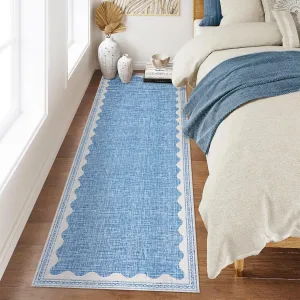 Modern Blue 2x6 Scalloped Runners for Hallways, Solid Runner Rug Non Slip Scalloped Bath Runner, Washable Rugs for Bedroom Girls, Rugs for Kitchen Floor Soft Dorm Nursery Carpet for Bedside