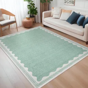 Modern Green 5x7 Scalloped Washable Area Rugs for Living Room, Solid Green Rug for Bedroom Girls, Non Slip Scalloped Rugs Throw Mat With Rubber Back, Soft Dorm Nursery Low Pile Carpet for Dining Room
