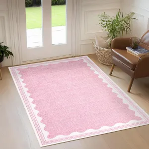Modern Pink 3x5 Scalloped Rugs for Entryway, Small Area Rug Solid Rug for Bedroom Girls, 3x5 Washable Rugs for Living Room, Non Slip Scalloped Bath Mat, Soft Dorm Nursery Carpet for Bedside
