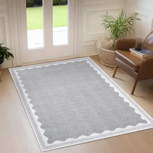 Modern Grey 4x6 Scalloped Area Rug Ultra-Soft Pearl Velvet Low-Pile Stain-Resistant Polyester Round/Rectangle for Living Room Nursery