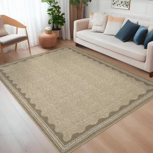 Modern Jute 5x7 Scalloped Washable Area Rugs for Living Room, Solid Rug for Bedroom Girls, Non Slip Scalloped Throw Mat With Rubber Back, Soft Dorm Nursery Low Pile Carpet for Dining Room