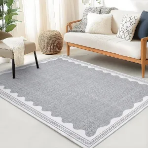 Modern Grey 6x9 Scalloped Accent Rug  Ultra-Soft Pearl Velvet Low-Pile Polyester Non-Slip Machine-Washable Gray Living Room Nursery