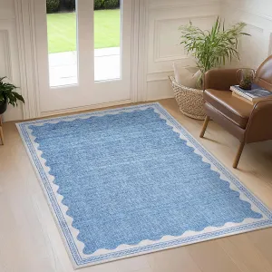 Modern Blue 6x9 Scalloped Accent Rug - Low Pile, Stain Resistant - Pearl Velvet, TPR Backing - Washable, Lightweight - Multiple Sizes & Colors - Indoor Living Room, Nursery