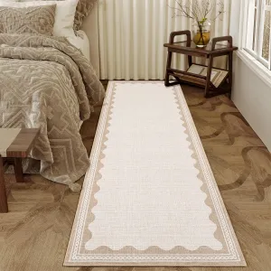 Scalloped Runner Rug 2x6 Non-Slip Washable Low-Pile Faux Wool Soft Beige Modern Indoor Entryway Laundry
