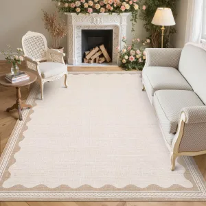 Living Room Rug 4x6 Washable Rug Modern Bordered Accent Rugs for Bedroom Ultra Soft Non Slip Lightweight Floor Cover Low Pile Stain-Resistant Foldable Carpet for Living Room Nursery Dorm Beige