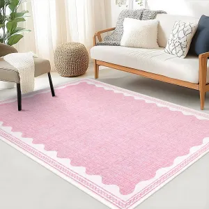Modern Pink 4x6 Scalloped Modern Living Room Rug Ultra-Soft Pearl Velvet Low-Pile Non-Slip Polyester Round & Rectangle for Bedroom Kitchen Nursery