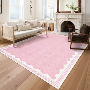 Modern Pink 5x7 Washable Area Rug – Solid Scalloped Low-Pile Non-Slip Carpet with Rubber Backing for Living Room, Bedroom, Dining Room, or Nursery