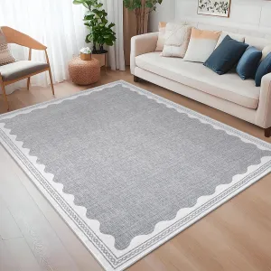 Modern Grey 5x7 Scalloped Washable Area Rugs for Living Room, Solid Grey Rug for Bedroom Girls, Non Slip Scalloped Rug Throw Rugs With Rubber Back, Soft Dorm Nursery Low Pile Carpet for Dining Room