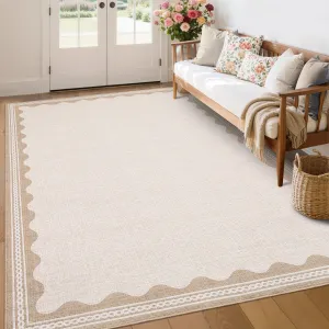 Scalloped 3x5 Washable Non-Slip Low-Pile Rug, TPE Rubber Backing, Indoor Mat for Entryway Kitchen Bedroom Living Room, Beige
