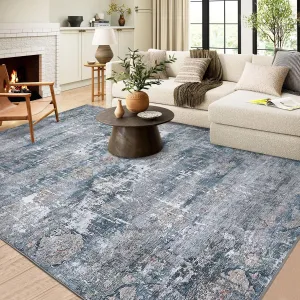Vintage Area Rug, 5x7 Boho Washable Living Room Bedroom Rug Retro Non-Slip Non-Shedding Low Pile Farmhouse Area Rug Throw Rug for Dining Room Home (Blue/Grey, 5'x7')