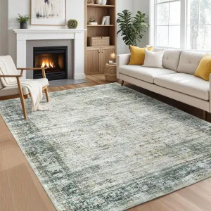 Persian Green Multi 6x9 Washable Area Rug, Soft Vintage Distressed Large Living Room Rug Retro Farmhouse Non Slip Low Pile Indoor Foldable Carpet for Bedroom Dining Room Office