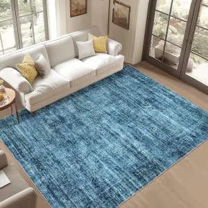 Persian Blue 10x13 Washable Area Rug for Living Room, Soft Vintage Distressed Large Bedroom Rug Retro Farmhouse Non Slip Low Pile Indoor Foldable Carpet for Dining Room Office