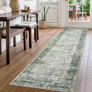 Persian Green Multi 2x6 Washable Runner Rugs, Vintage Distressed Hallway Rug Runners Long Entryway Rug, Retro Abstract Low Pile Non-Slip Kitchen Runner Soft Carpet Runners for Bedroom Laundry Room