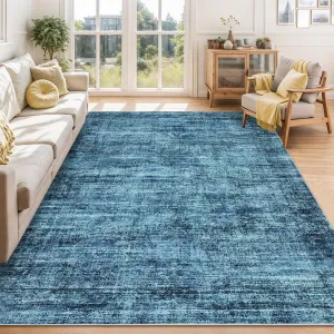Persian Blue 4x6 Washable Area Rugs for Living Room, Soft Vintage Distressed Large Bedroom Rug Foldable Indoor Floor Carpet, Retro Low Pile Non-Slip Throw Rugs for Bedroom Dining Room