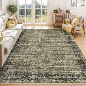 Persian Olive Brown 5x7 Living Room Rugs Washable Soft Vintage Distressed Polypropylene Non-Slip Foldable Area Rug for Bedroom Dining Room