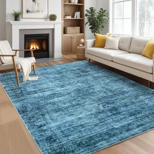 Persian Blue 9x12 Washable Area Rug for Living Room, Soft Vintage Distressed Large Bedroom Rug Retro Farmhouse Non Slip Low Pile Indoor Foldable Carpet for Dining Room Office