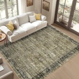 Persian Olive Brown 10x13 Area Rugs for Living Room Washable, Soft Vintage Distressed Large Bedroom Rugs Retro Indoor Floor Carpet, Low Pile Non-Slip Farmhouse Rugs for Dining Room