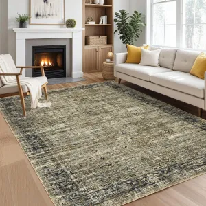 Persian Olive Brown 9x12 Area Rugs for Living Room Washable, Soft Vintage Distressed Large Bedroom Rugs Retro Abstract Indoor Floor Carpet, Low Pile Non-Slip Farmhouse Rugs for Dining Room