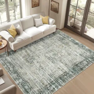 Persian Green Multi 10x13 Area Rugs for Living Room Washable, Soft Vintage Distressed Large Bedroom Rugs Retro Abstract Indoor Floor Carpet, Low Pile Non-Slip Farmhouse Rugs for Dining Room
