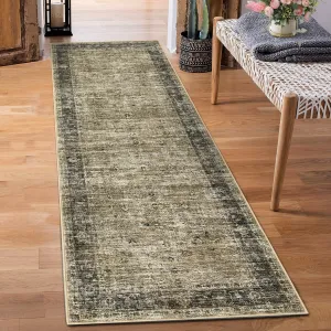 Persian Olive Brown 2x6 Runner Washable Rugs, Soft Vintage Distressed Non-Slip Hallway Runner, Retro Low Pile Kitchen Rugs for Bedroom Laundry Room