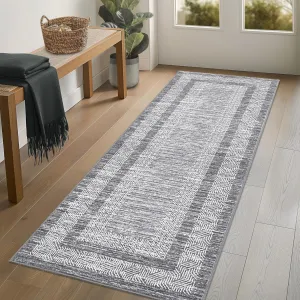 Bordered Grey 2x6 Modern Bordered Runner Rug Soft Non Slip Runner Washable Non Shedding Floor Carpet, Distressed Geometric Hallway Runner, Indoor Printed Runner for Kitchen, Entrance