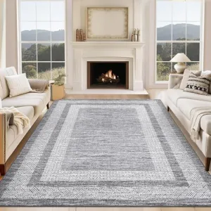 Bordered Grey 9x12 Large Area Distressed Modern Rug Soft Non Shedding Floor Carpet, Geometric Rug, Washable Non Slip Rug, Low Pile Indoor Area Rug for Living Room, Bedroom