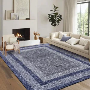 Bordered Blue 9x12 Large Modern Blue Area Rug Distressed Rug Soft Non Shedding Floor Carpet, Geometric Rug, Washable Non Slip Rug, Low Pile Indoor Area Rug for Living Room, Bedroom
