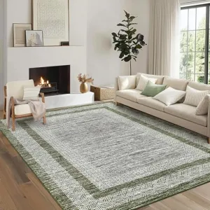 Bordered Green 9x12 Modern Area Distressed Rug Soft Non Shedding Floor Carpet, Geometric Rug, Washable Non Slip Rug, Low Pile for Living Room, Bedroom