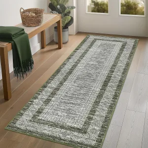 Bordered Green 2x6 Runner Modern Rug Soft Non Slip Runner Washable Non Shedding Floor Carpet, Distressed Geometric Hallway Runner, Indoor Printed Runner for Kitchen, Entrance