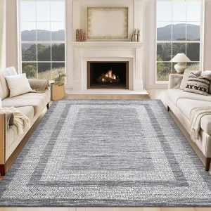 Bordered Grey 10x13 Large Washable Geometric Area Rug Non Slip Non Shedding Floor Carpet, Modern Bordered Rug, Distressed Gray Rug, Indoor Printed Rug for Living Room, Bedroom, Office