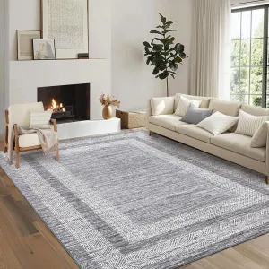 Bordered Grey 5x7 Modern Geometric Area Distressed Rug Washable Non Slip Floor Carpet Non Shedding Thin Rug, Soft Low Pile Rug, Contemporary Gray Rug for Dining Room, Living Room