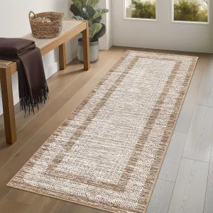 Bordered Brown 2x6 Modern Runner Rug Soft Non Slip Runner Washable Non Shedding Floor Carpet, Distressed Geometric Hallway Runner, Indoor Printed Runner for Kitchen, Entrance