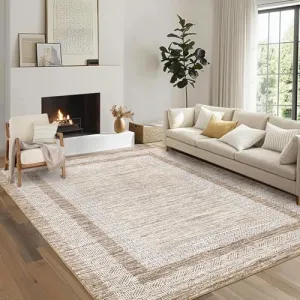 Bordered Brown 8x10 Large Washable Area Rug Modern Rug Distressed Geometric Floor Carpet, Soft Non Slip Rug, Low Pile Non Shedding Rug, Indoor Rug for Bedroom, Living Room