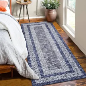 Bordered Blue 2x6 Modern Runner Rug Soft Non Slip Runner Washable Non Shedding Floor Carpet, Distressed Geometric Hallway Runner, Indoor Printed Runner for Kitchen, Entrance, Blue