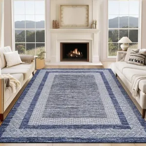 Bordered Blue 10x13 Large Washable Geometric Area Rug Non Slip Non Shedding Floor Carpet, Modern Bordered Rug, Distressed Blue Rug, Indoor Printed Rug for Living Room, Bedroom, Office