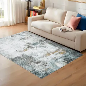 Abstract Green 9x12 Modern Washable Large Area Rug – Stain-Resistant, Non-Slip Low-Pile Carpet for Living Room, Apartment, or Playroom