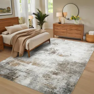 Abstract Beige & Taupe 8x10 Washable Modern Area Rug – Soft, Stain-Resistant, Non-Slip, Non-Shedding Low-Pile Carpet for Living Room, Bedroom, Office, or Indoor Spaces