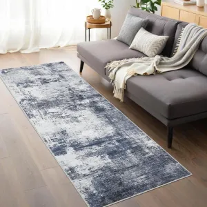 Runner Rug 2×6 Non Slip Machine Washable Modern Abstract Low Pile TPR Latex Backing Indigo Blue Hallway Kitchen Laundry Room