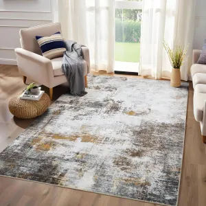 Abstract Brown 9x12 Modern Washable Large Area Rug – Stain-Resistant, Non-Slip Low-Pile Carpet for Living Room, Apartment, or Playroom