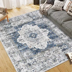 Area Rug 8x10 Washable Rug Oriental Washable Living Room Rugs Large Vintage Medallion Distressed Carpets Soft Floor Anti Slip Carpet for Under Dining Table Bedroom Farmhouse Home Office,Blue