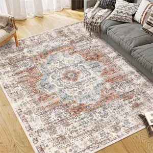 Washable Area Rug 8x10 Large Living Room Rug Medallion Washable Floral Carpet Vintage Bedroom Rug Distressed Oriental Non-Slip Non-Shedding Floor Carpet for Dining Room Farmhouse Home Office