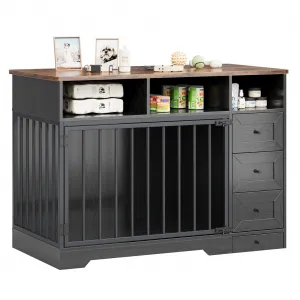 48" Dog Crate Furniture with Bowls, Heavy Duty Dog Kennel End Table with 3 Storage Drawers, Locking Door, Farmhouse Style Pet Crate Cabinet for Medium Small Dogs, Black