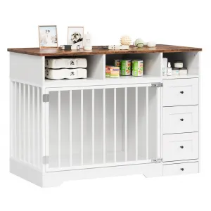 48" Dog Crate Furniture with Bowls, Heavy Duty Dog Kennel End Table with 3 Storage Drawers, Locking Door, Farmhouse Style Pet Crate Cabinet for Medium Small Dogs, White