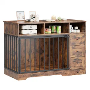 48" Dog Crate Furniture with Bowls, Heavy Duty Dog Kennel End Table with 3 Storage Drawers, Locking Door, Farmhouse Style Pet Crate Cabinet for Medium Small Dogs, Retro Brown