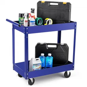 2 Tier Rolling Tool Cart, 220 LBS Capacity Heavy Duty Utility Cart with Wheels, Steel Service Cart with Handle, Ideal for Garage, Workshop, Warehouse, Repair Shop, Blue