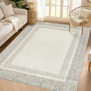 Bordered Beige 9x12 Machine Washable Area Rug – Modern Soft, Non-Slip, Low-Pile Lightweight Carpet for Living Room or Bedroom
